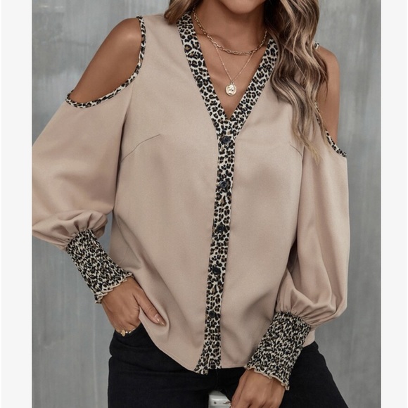 Tops - Elegant Leopard Print Smocked Cuff Long Sleeve Top Blouse Button Down Shirt
